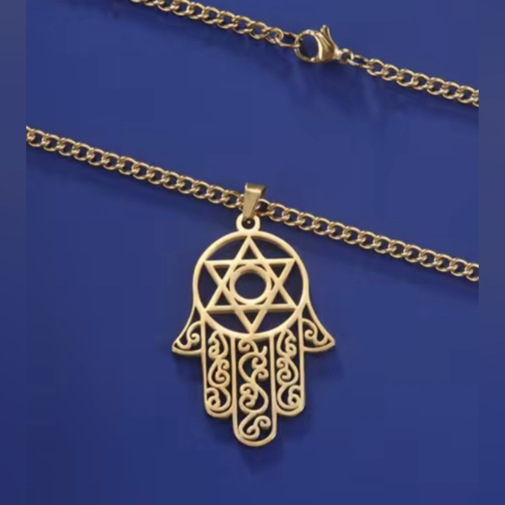 Hamsa aka Hand Of Fatima + Star Of David inset Pendant Necklace - Picture 6 of 7